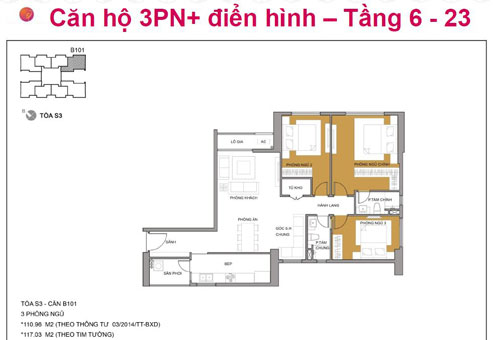 Thiết kế nội thất căn hộ 3 phòng ngủ tầng 6-23 tòa S3 chung cư Seasons Avenue by kiến trúc Doorway, mặt bằng bố trí nội thất