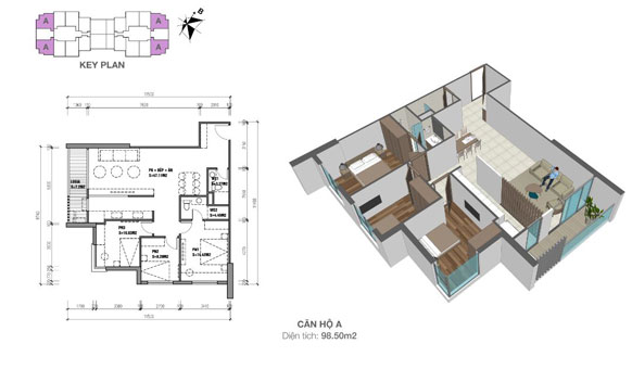 Thiết kế nội thất căn hộ 3 phòng ngủ 98m2 loại A - chung cư Eco Dream by kiến trúc Doorway, mặt bằng bố trí nội thất