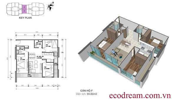 Mẫu thiết kế nội thất căn 3 phòng ngủ loại F chung cư Eco Dream by kiến trúc Doorway, mặt bằng bố trí nội thất