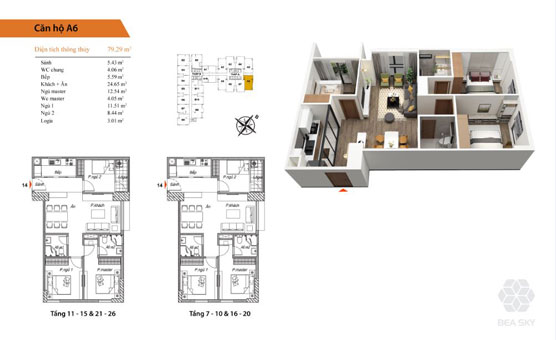 Thiết kế nội thất căn hộ 3 phòng ngủ chung cư Bea Sky by kiến trúc Doorway, mặt bằng căn hộ A6