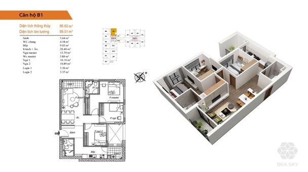 Thiết kế nội thất căn hộ 3 phòng ngủ chung cư Bea Sky by kiến trúc Doorway, mặt bằng căn hộ B1