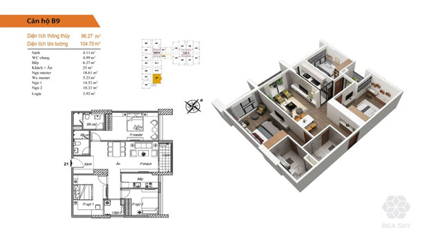 Thiết kế nội thất căn hộ 3 phòng ngủ chung cư Bea Sky by kiến trúc Doorway, mặt bằng căn hộ B9