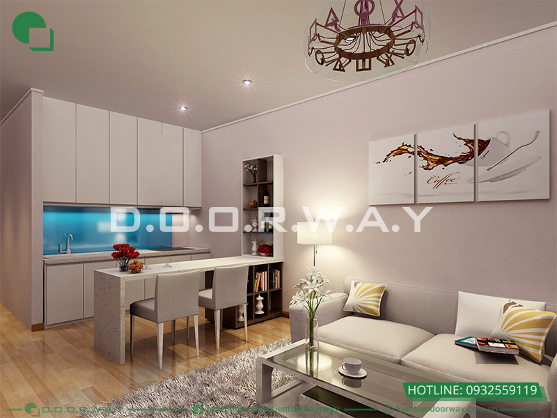 Mẫu phòng khách liền bếp 25m2