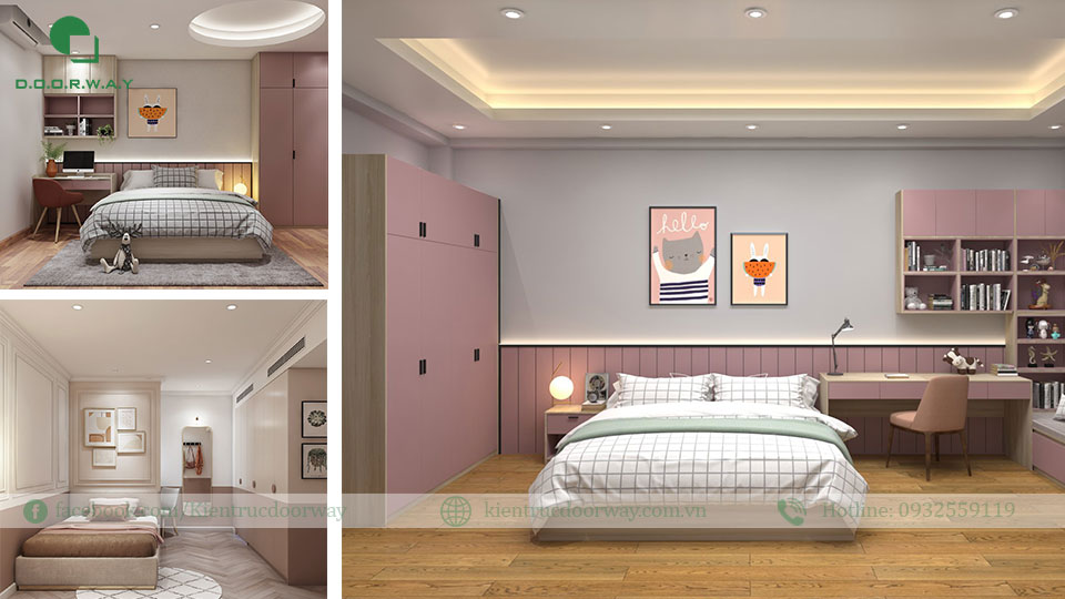 thiết kế phòng ngủ gam màu hồng